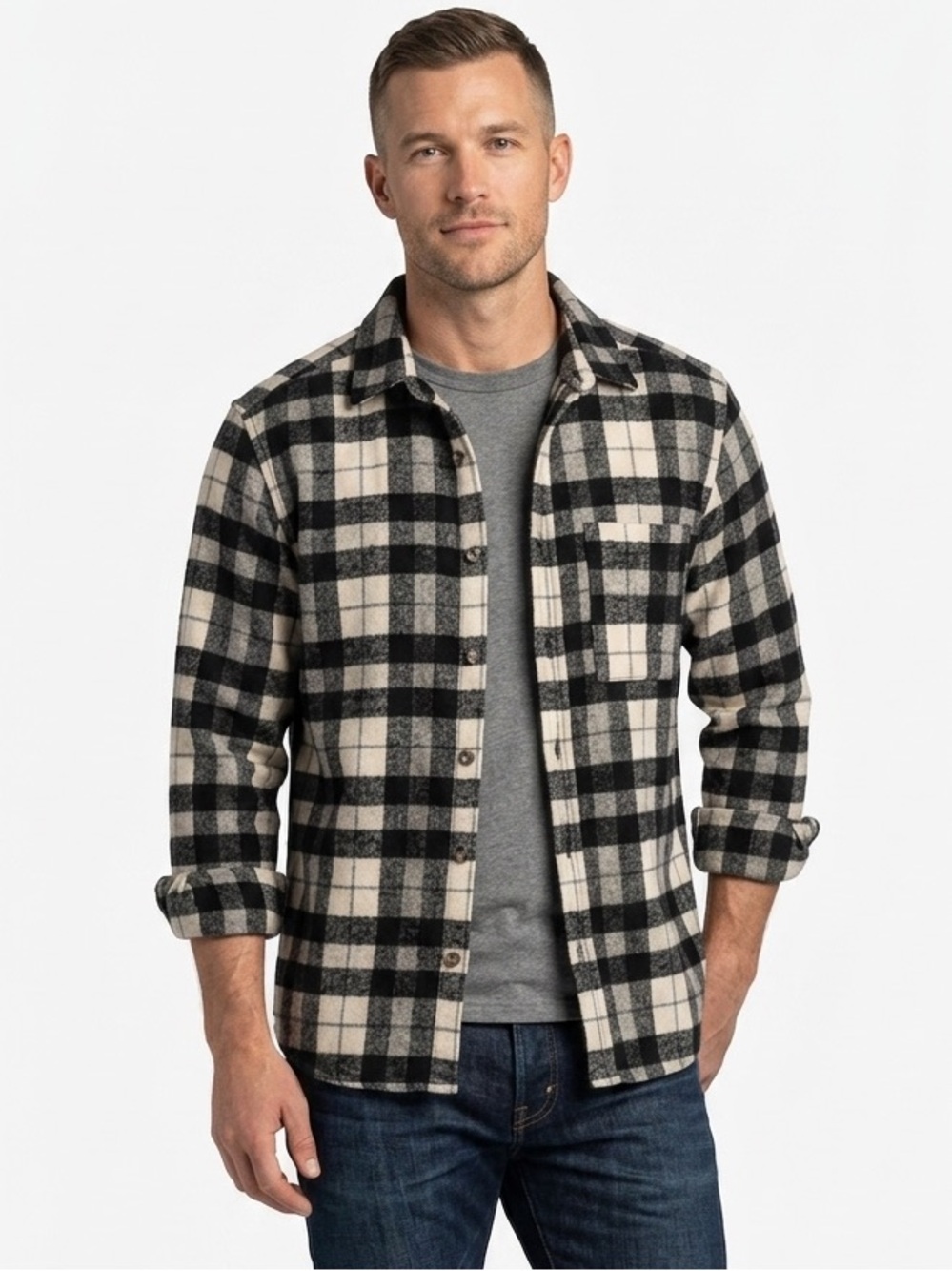 TOPMAN black & creme checkered flannel button down shirt size Large